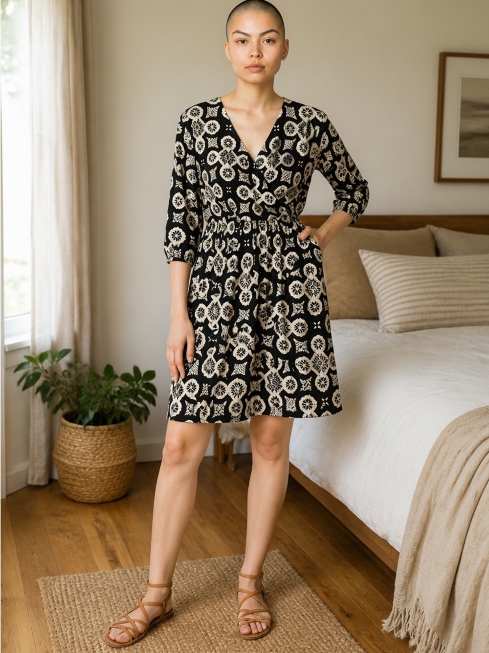 Ashro Black and Cream Floral-Print V-Neck Mini Dress
